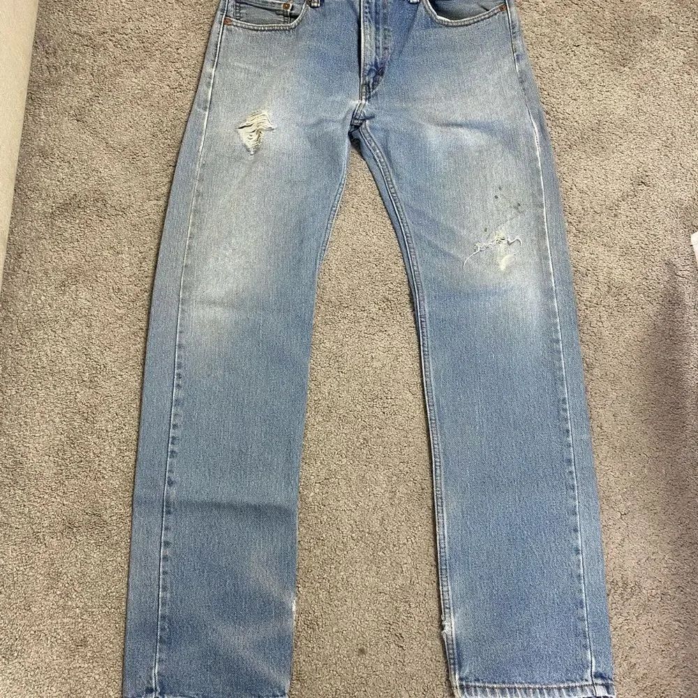 Levi's 505 Light Blue Straight Leg Jeans with Distressed Details